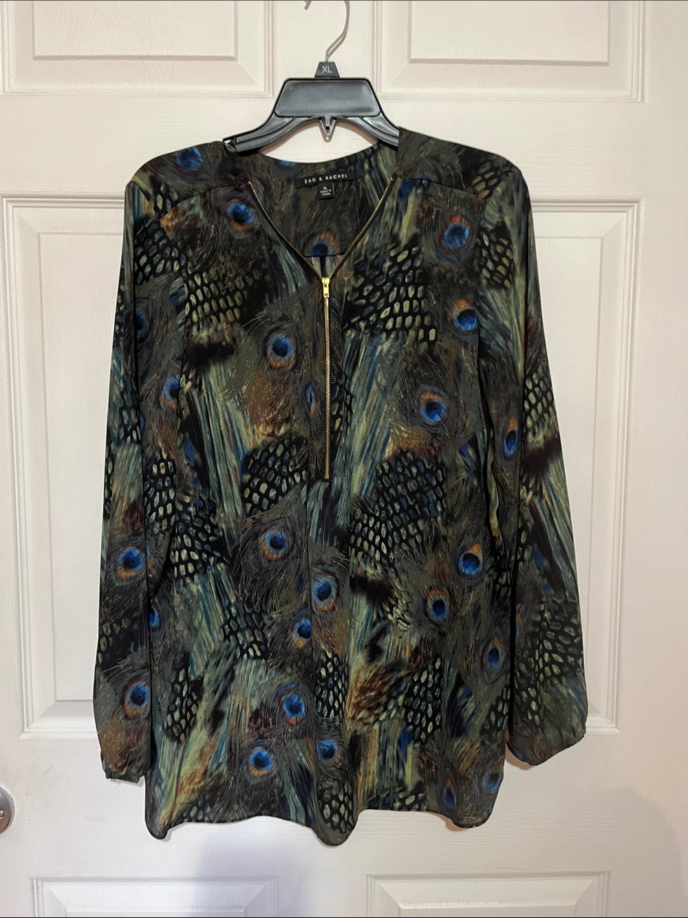 Zac & Rachel Peacock-Print Long-Sleeve Blouse in Green and Blue